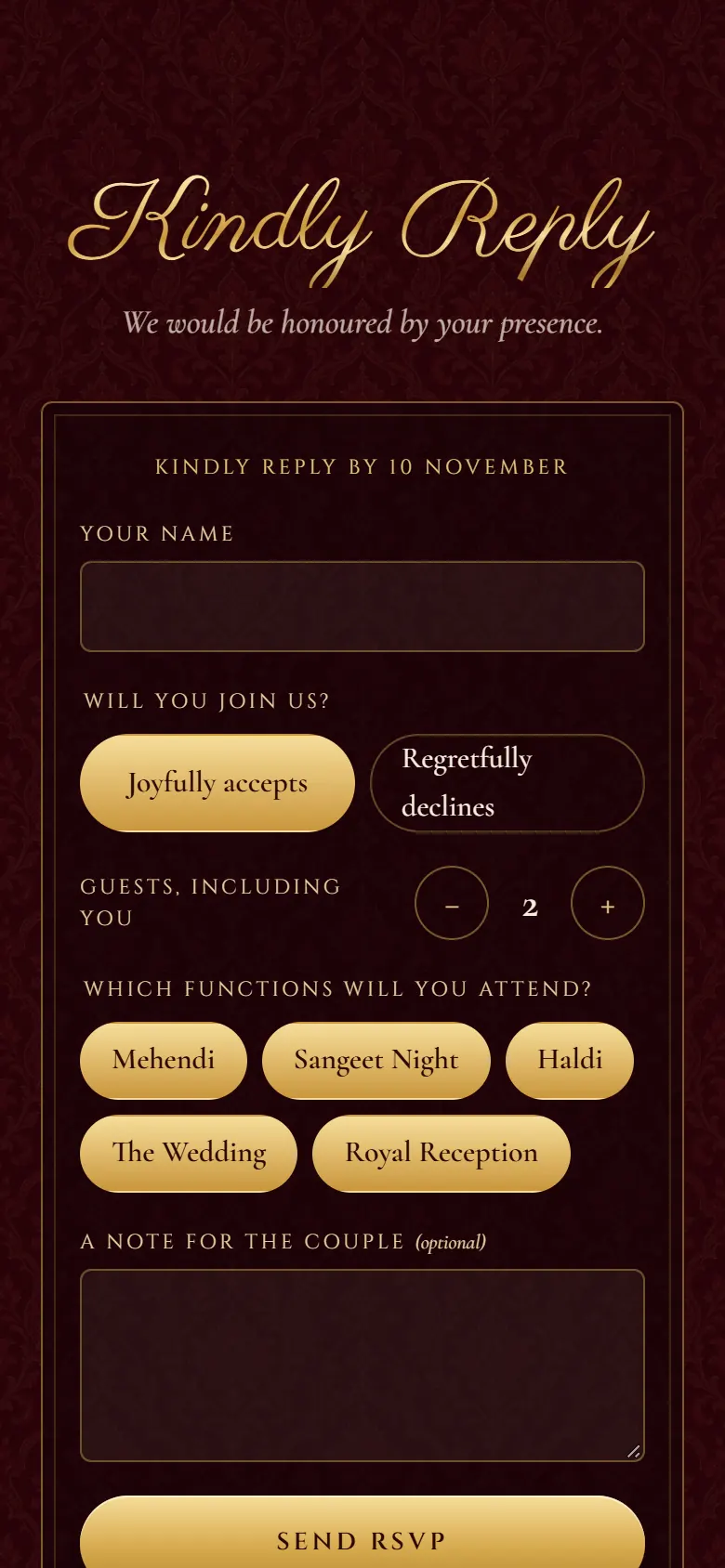The RSVP form in the Royal Velvet invitation